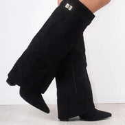 Fold-Over Pointed Toe Knee-High Suede Boots for Women in Winter