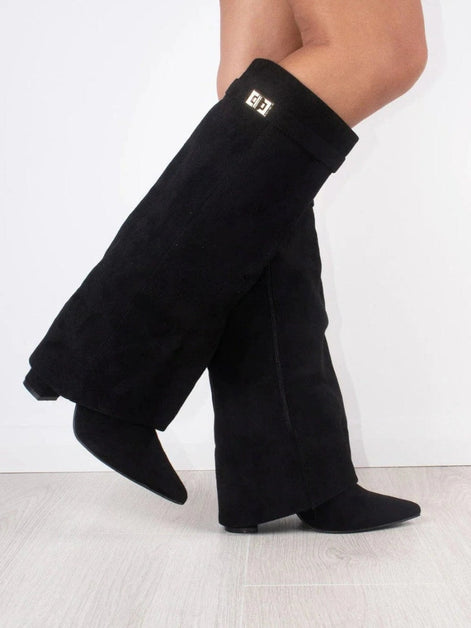 Fold-Over Pointed Toe Knee-High Suede Boots for Women in Winter