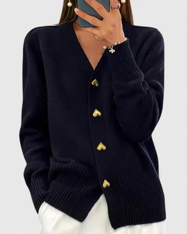 Lillyanne Heart Button V-Neck Women's Knitted Cardigan with Soft Drape