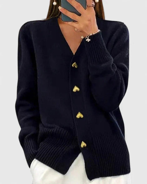 Lillyanne Heart Button V-Neck Women's Knitted Cardigan with Soft Drape