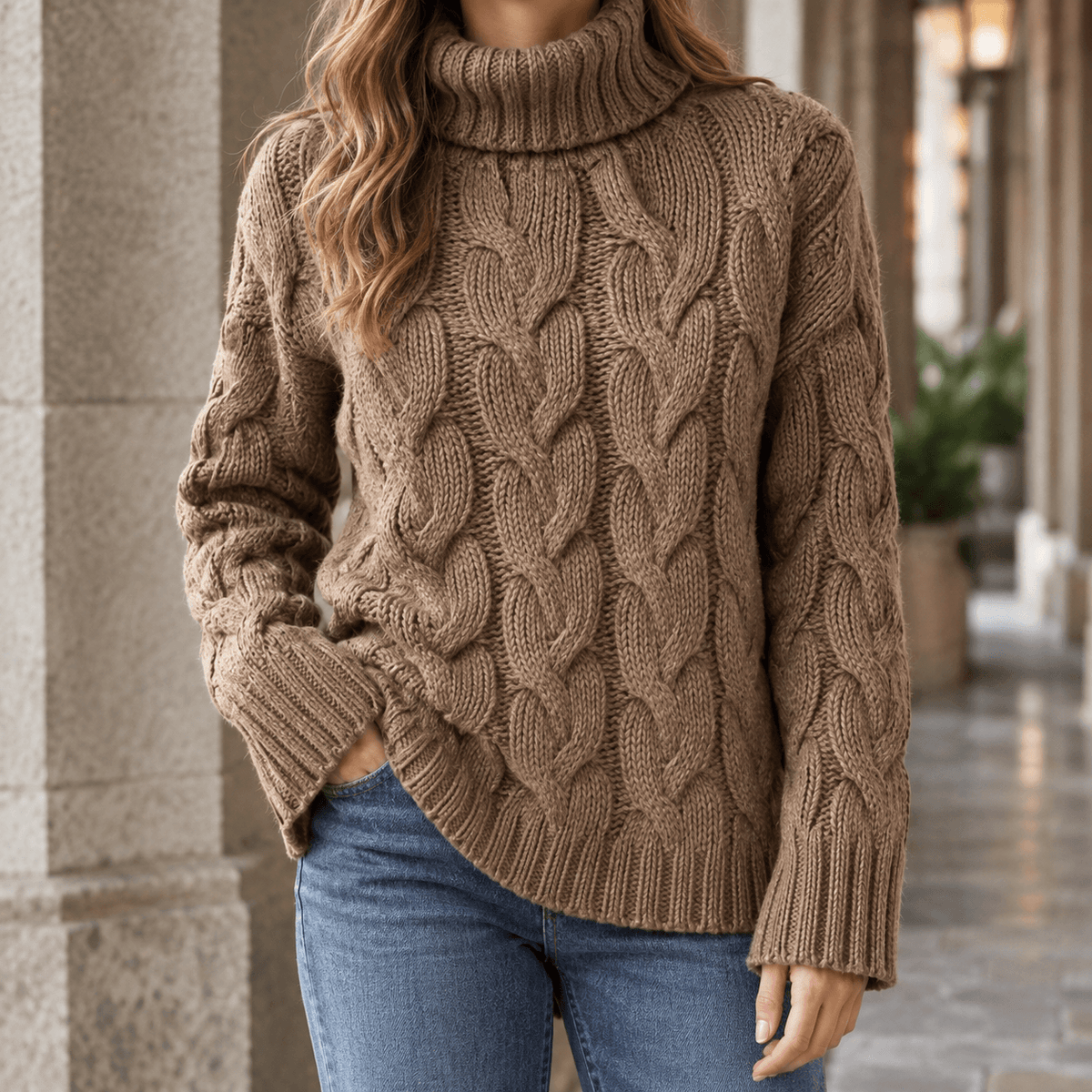 Women's Cable Knitted Turtleneck Jumper with Ribbed Cuffs