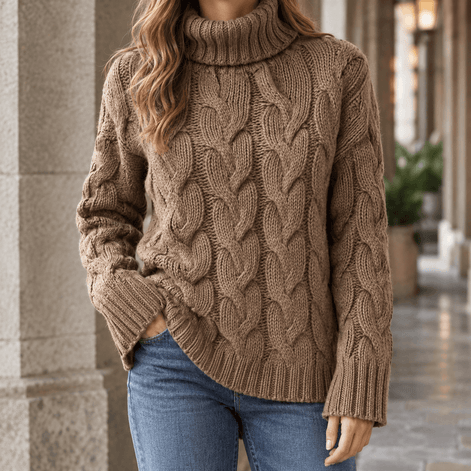 Women's Cable Knitted Turtleneck Jumper with Ribbed Cuffs