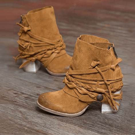 Serena Fringed Faux Leather Western Ankle Boots with Block Heel