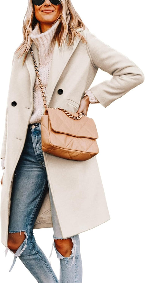 Women's Notch Lapel Double-Breasted Long Wool Winter Coat with Side Pockets
