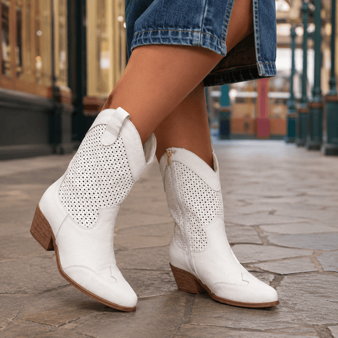Soriano Perforated Western Leather Boots with Block Heel and Side Zip