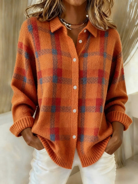 Women's Plaid Knit Button-Up Shirt Jumper with Collar