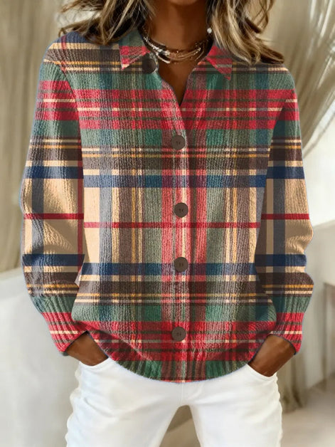 Esmeralda Plaid Cotton Flannel Button-Up Long Sleeve Blouse for Women