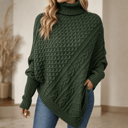 Women's Cable-Knit Turtleneck Poncho Jumper with Ribbed Trim