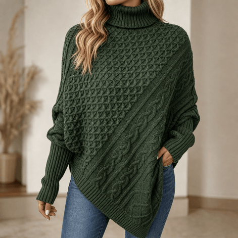 Women's Cable-Knit Turtleneck Poncho Jumper with Ribbed Trim
