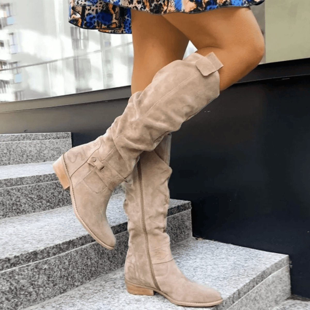 Slouchy Suede Knee High Boots for Women with Buckle Trim