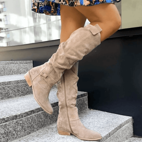 Slouchy Suede Knee High Boots for Women with Buckle Trim