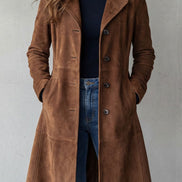 Suede-Effect Longline Coat with Tailored Waist for Women in Winter