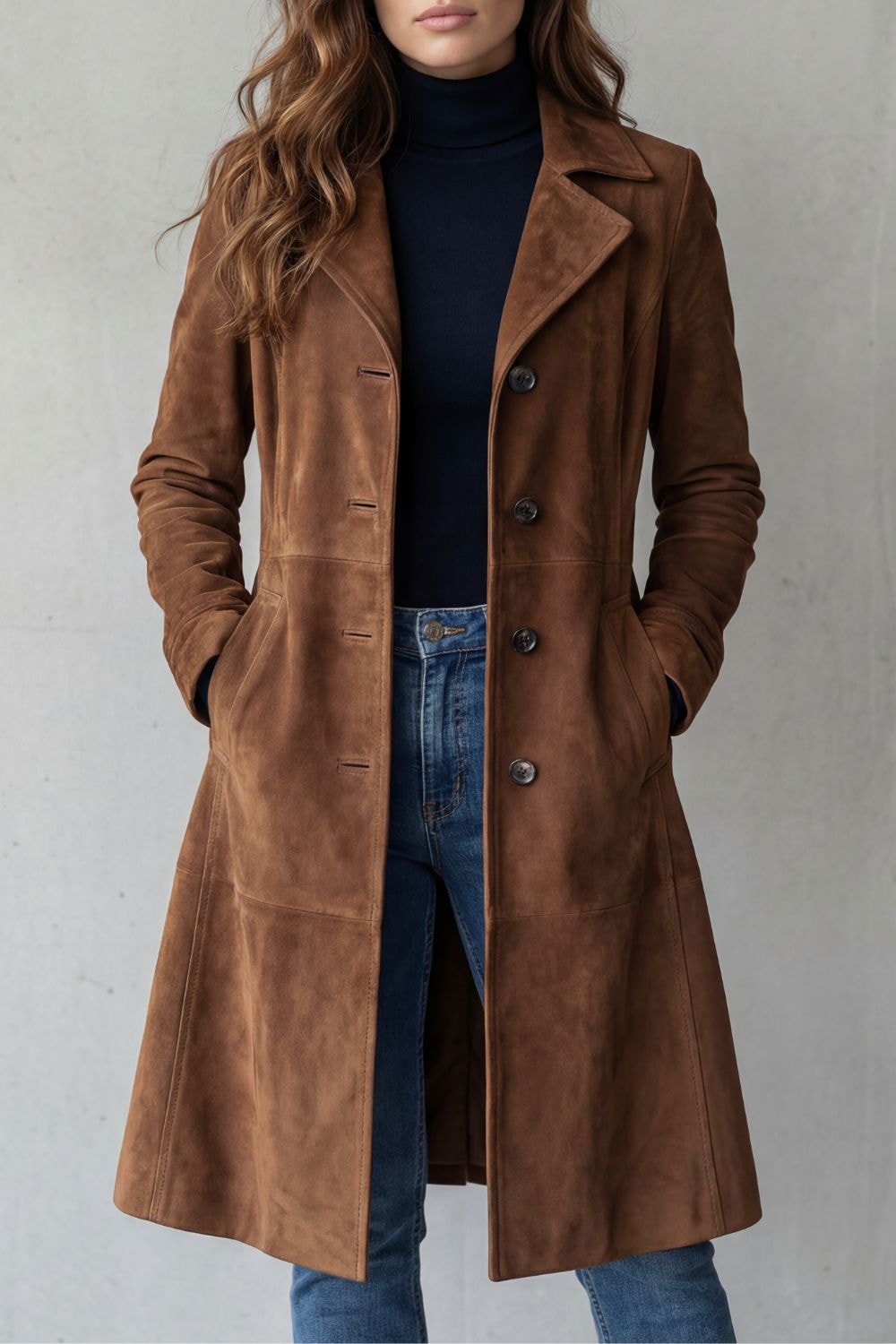 Suede-Effect Longline Coat with Tailored Waist for Women in Winter