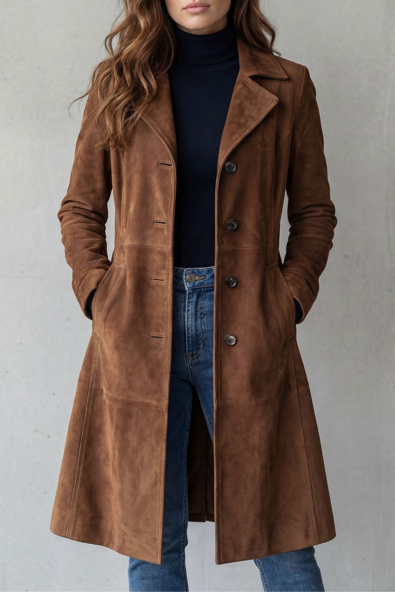 Suede-Effect Longline Coat with Tailored Waist for Women in Winter