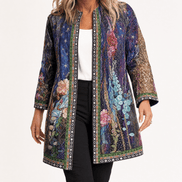 Patrice Art-Print Open-Front Jacket with Embellished Trim