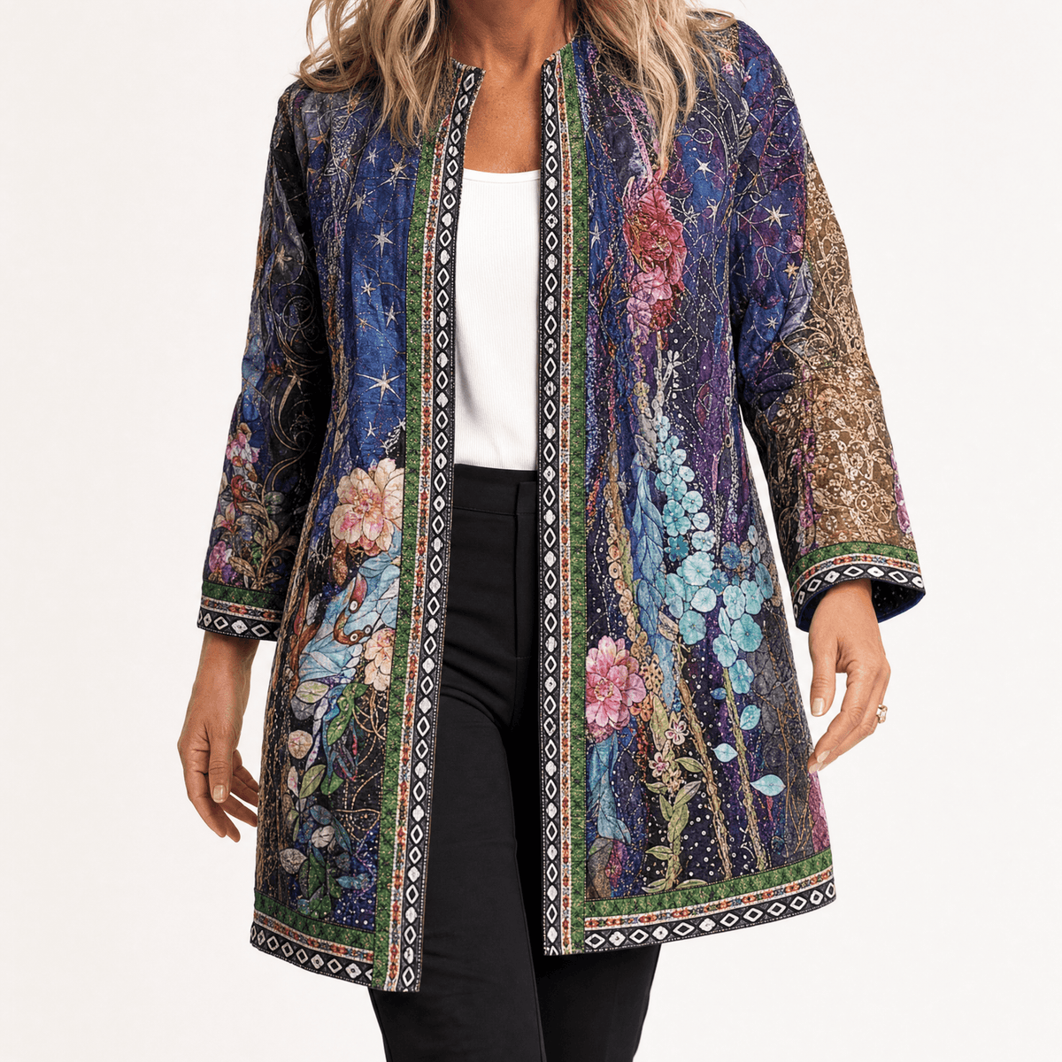 Patrice Art-Print Open-Front Jacket with Embellished Trim