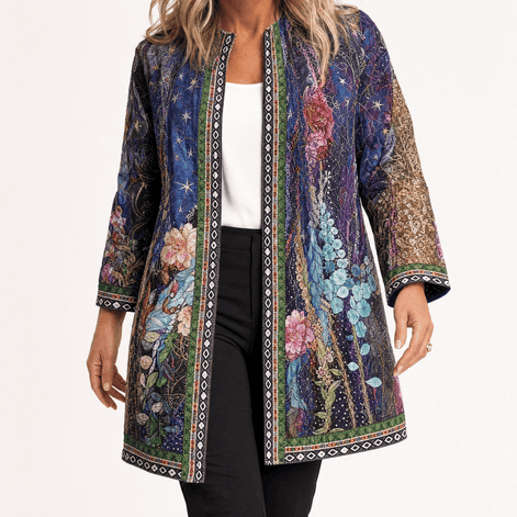 Patrice Art-Print Open-Front Jacket with Embellished Trim