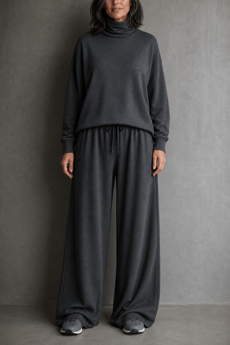Women's Turtleneck Knitted Jumper and Wide-Leg Trousers Lounge Set