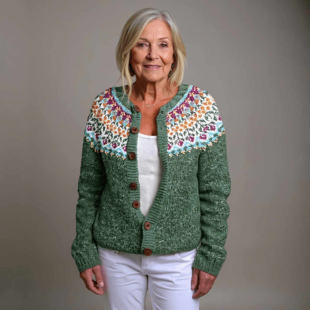 Ella Floral Yoke Button-Up Women's Knitted Cardigan with Nordic Pattern