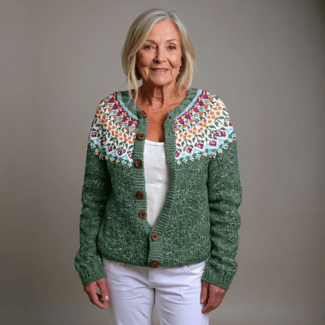 Ella Floral Yoke Button-Up Women's Knitted Cardigan with Nordic Pattern