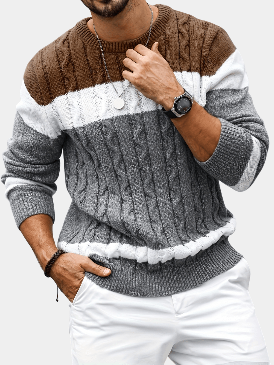 Men's Colour Block Cable-Knit Jumper with Crew Neck