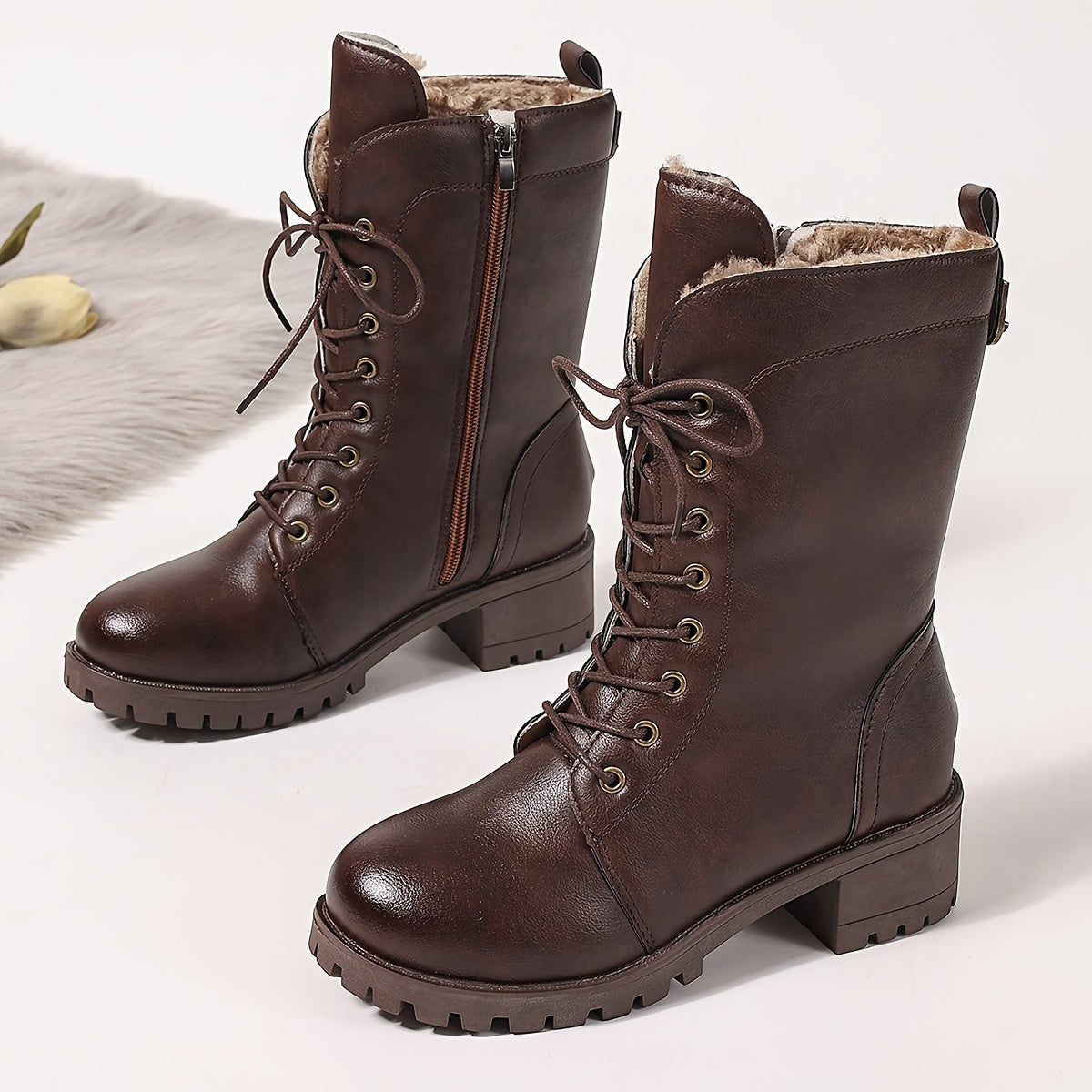 Faux Leather Lace-Up Women's Winter Boots with Fleece Lining and Side Zip