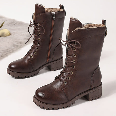 Faux Leather Lace-Up Women's Winter Boots with Fleece Lining and Side Zip