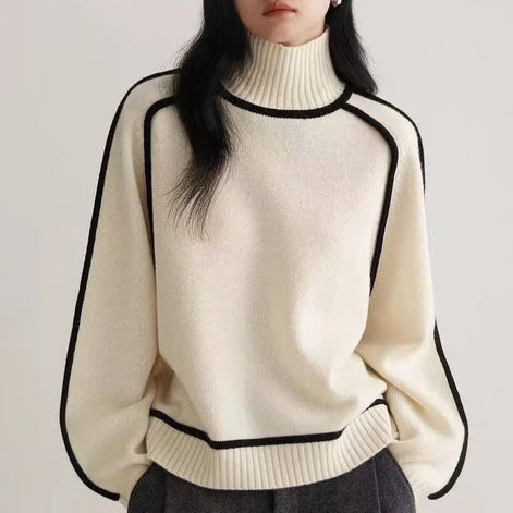 Solène High-Neck Knitted Jumper with Contrast Piping Detail