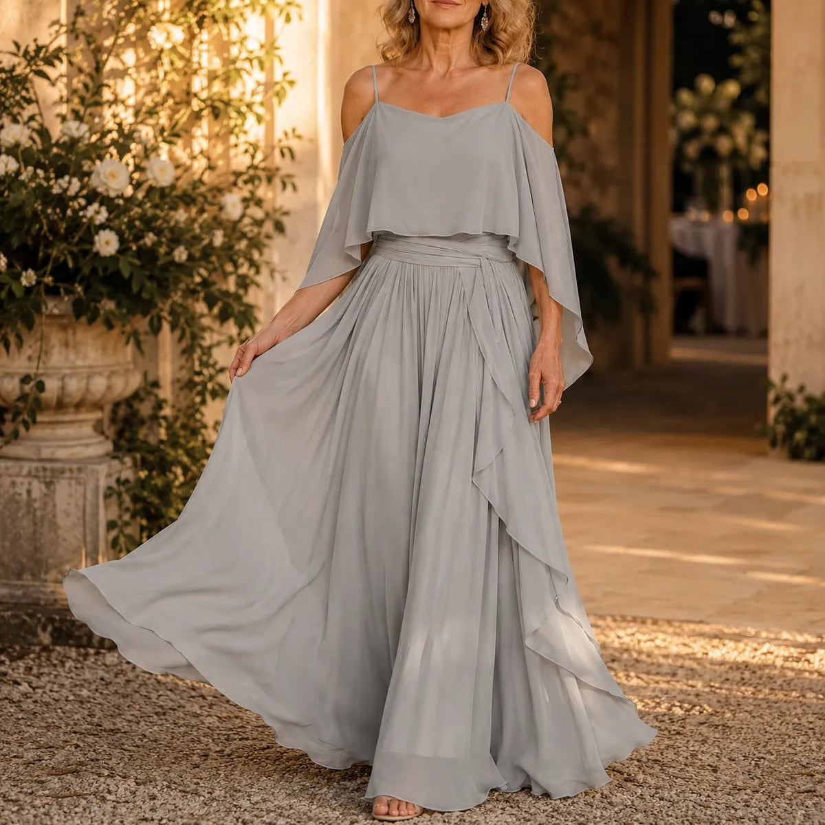Solavia Cold-Shoulder Chiffon Women's Midi Dress with Cascading Side Drape