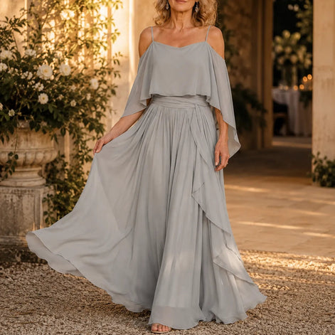 Solavia Cold-Shoulder Chiffon Women's Midi Dress with Cascading Side Drape