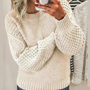 Hazel Textured Crew Neck Women's Knitted Jumper with Balloon Sleeves