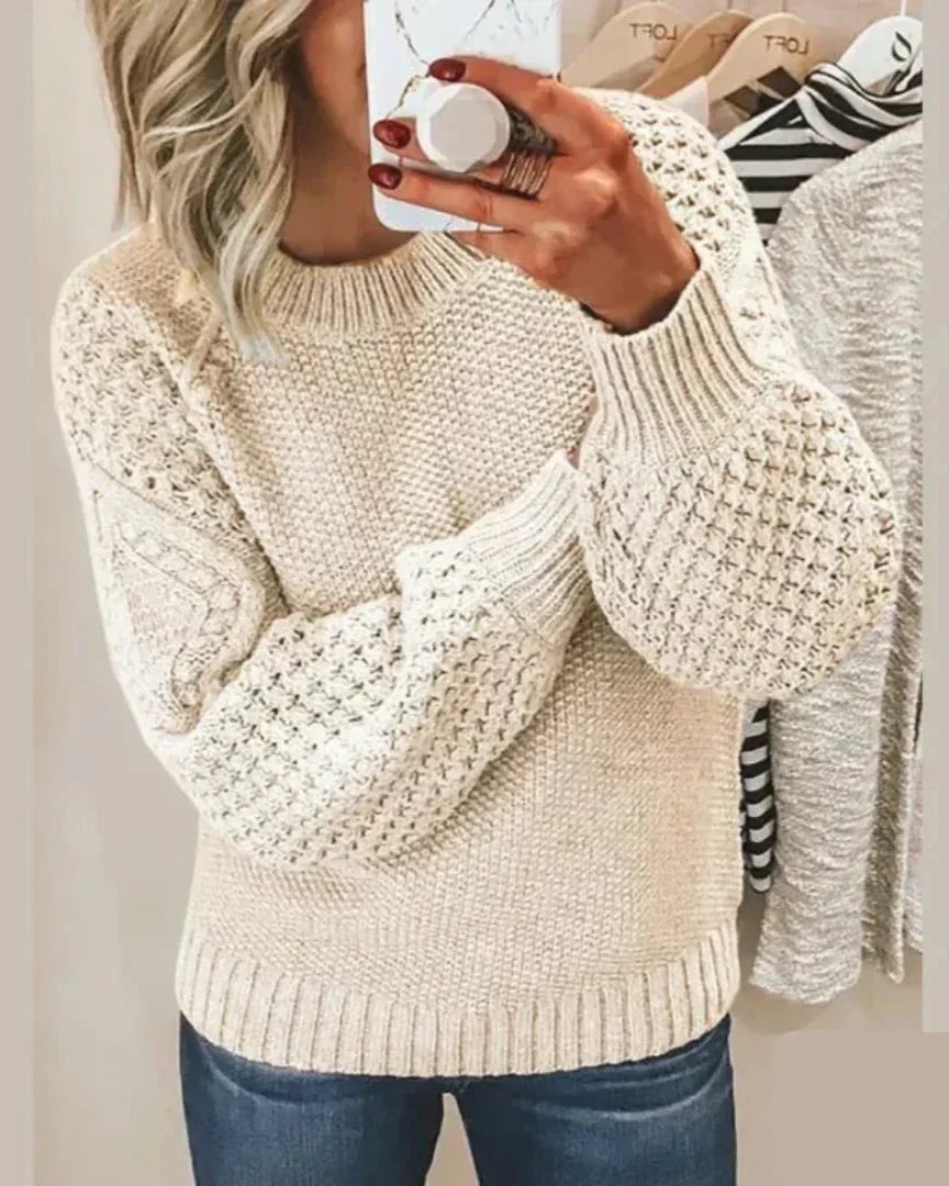 Hazel Textured Crew Neck Women's Knitted Jumper with Balloon Sleeves