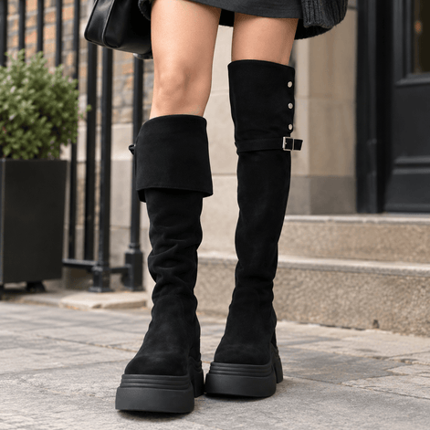Venturi Faux Suede Platform Over-the-Knee Boots with Foldover Cuff and Buckle Detail