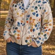 Botanical Print Zip-Up Knit Cardigan with Ribbed Trim