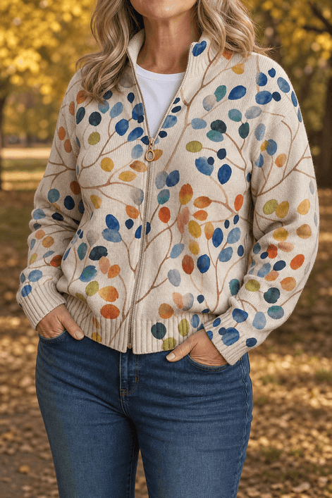 Botanical Print Zip-Up Knit Cardigan with Ribbed Trim