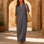 Vestara Striped V-Neck Maxi Dress with Pockets and Long Sleeves