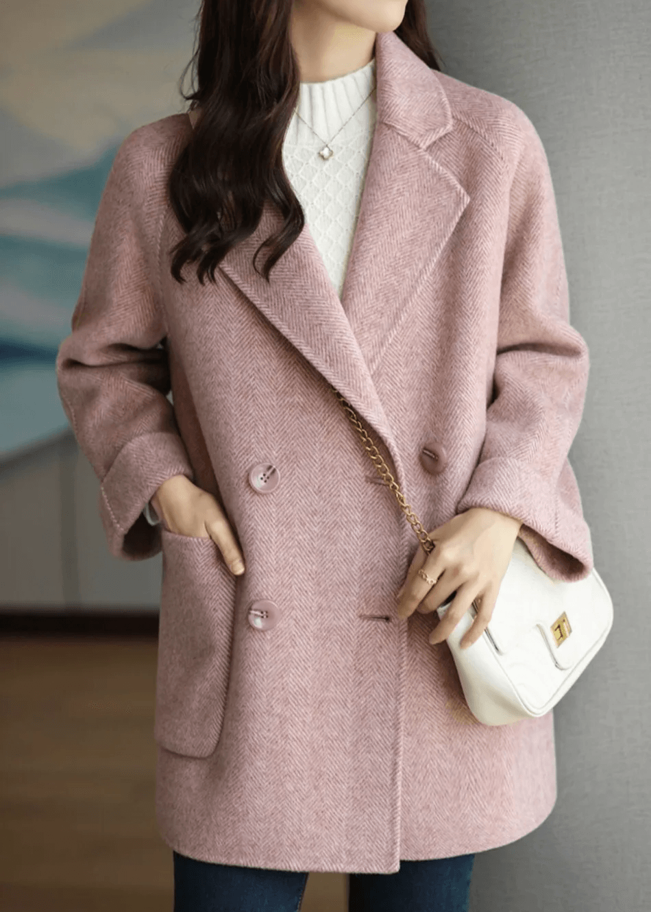 Oihana Women's Double-Breasted Wool-Blend Winter Coat with Self-Tie Belt