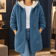 Women's Hooded Sherpa Fleece Longline Coat with Ribbed Cuffs