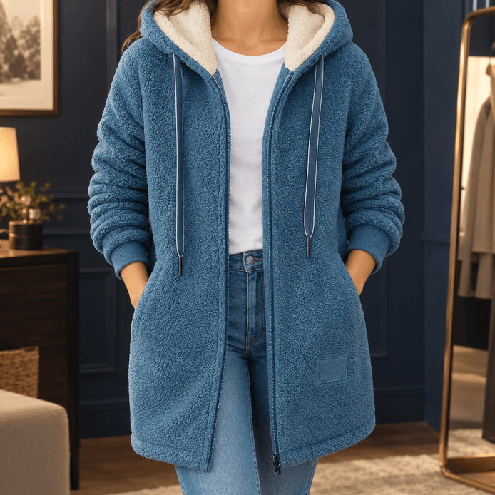 Women's Hooded Sherpa Fleece Longline Coat with Ribbed Cuffs