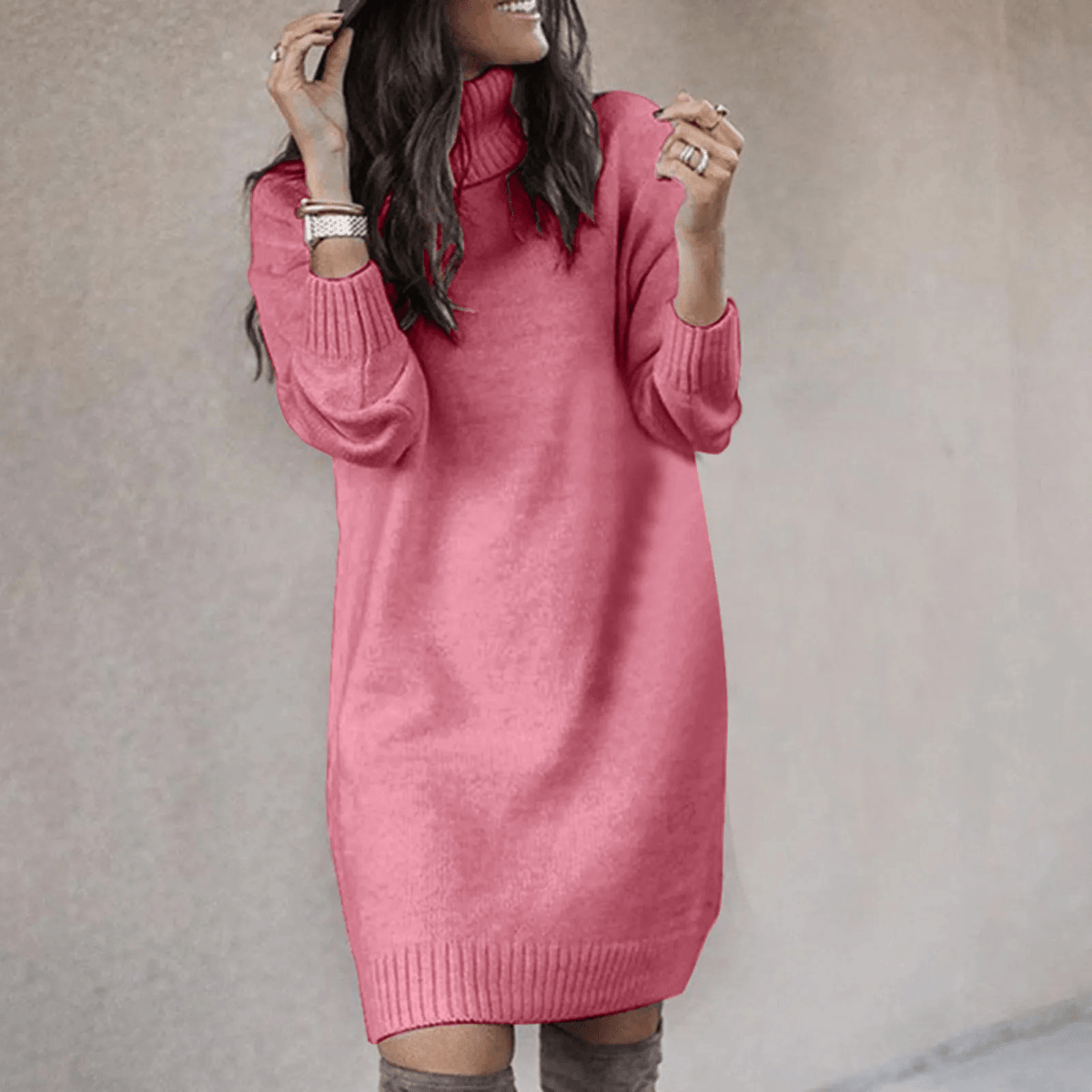 Women's Roll Neck Long Sleeve Knitted Jumper Dress with Ribbed Cuffs