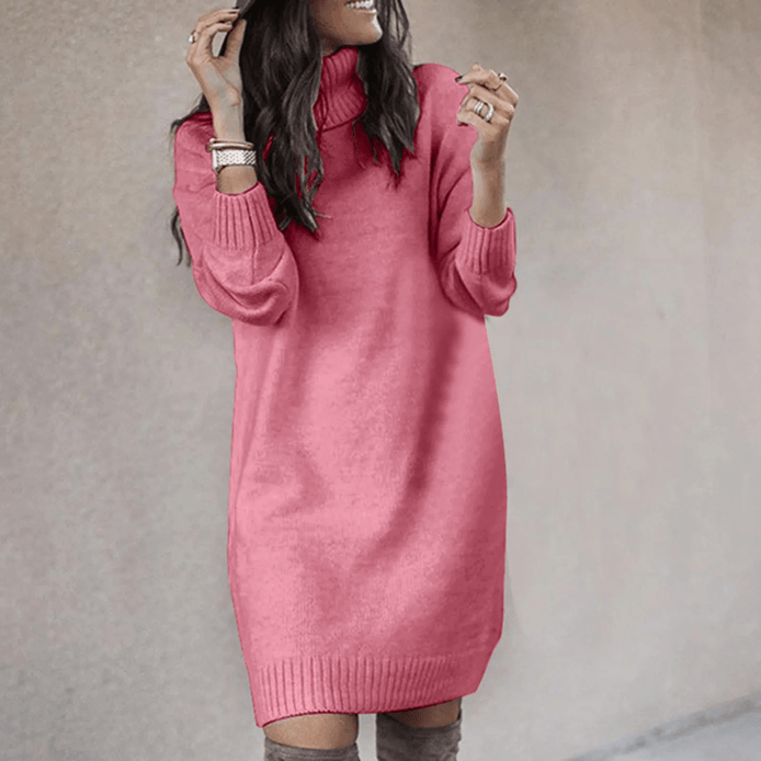 Women's Roll Neck Long Sleeve Knitted Jumper Dress with Ribbed Cuffs