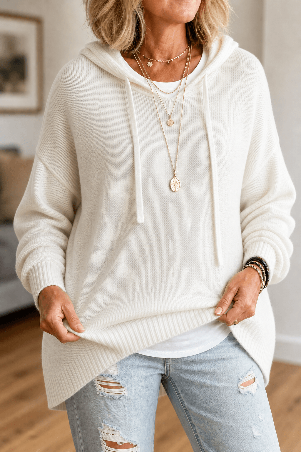 Women's Oversized Hooded Knitted Jumper with Drawstring