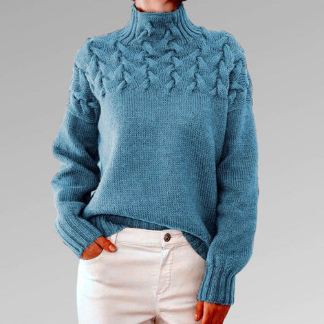 Women's Cable Knit High-Neck Jumper with Textured Yoke and Ribbed Cuffs