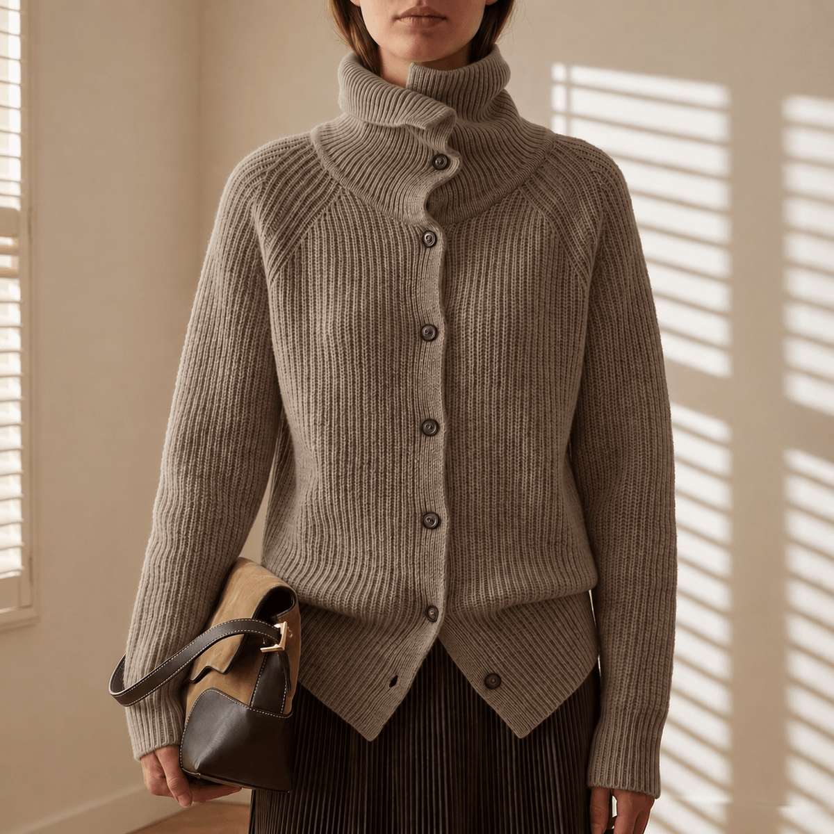 Women's Ribbed Turtleneck Knitted Cardigan with Button Front