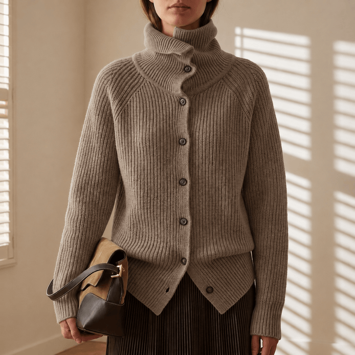 Women's Ribbed Turtleneck Knitted Cardigan with Button Front