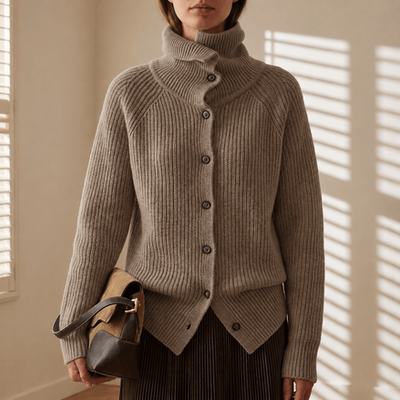 Women's Ribbed Turtleneck Knitted Cardigan with Button Front