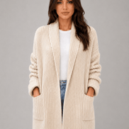 Longline Open-Front Knit Women's Cardigan with Shawl Collar and Pockets