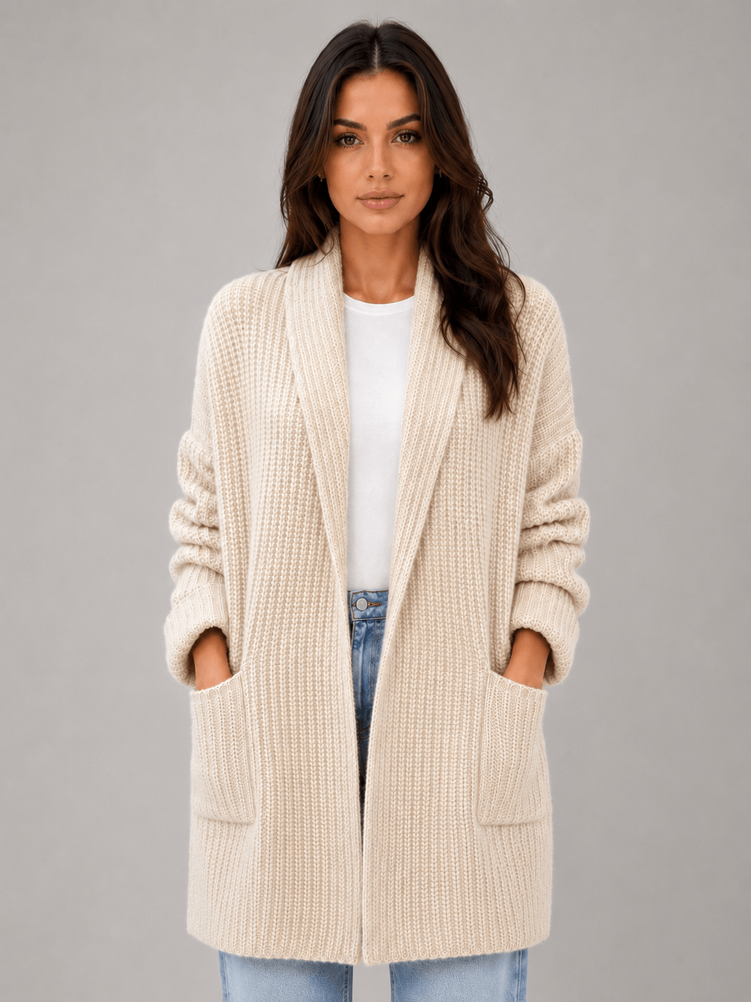 Longline Open-Front Knit Women's Cardigan with Shawl Collar and Pockets