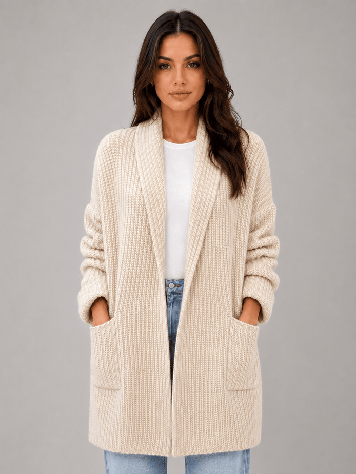 Longline Open-Front Knit Women's Cardigan with Shawl Collar and Pockets