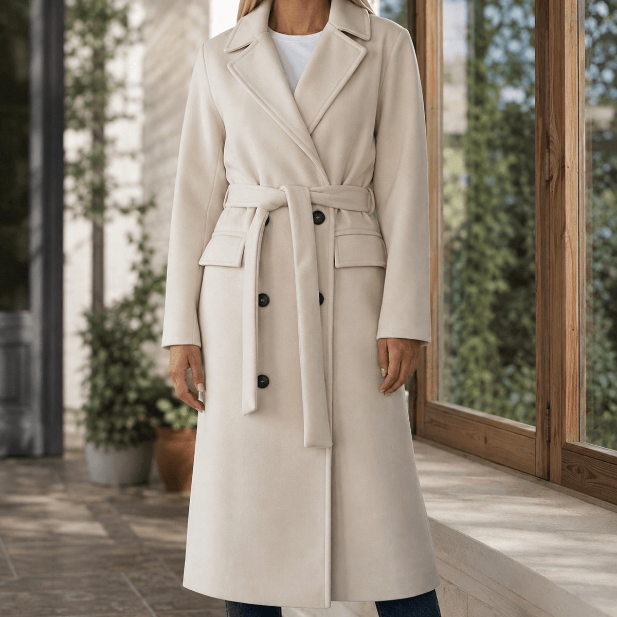 Adele-Grace Women's Belted Double-Breasted Winter Coat with Notched Lapels